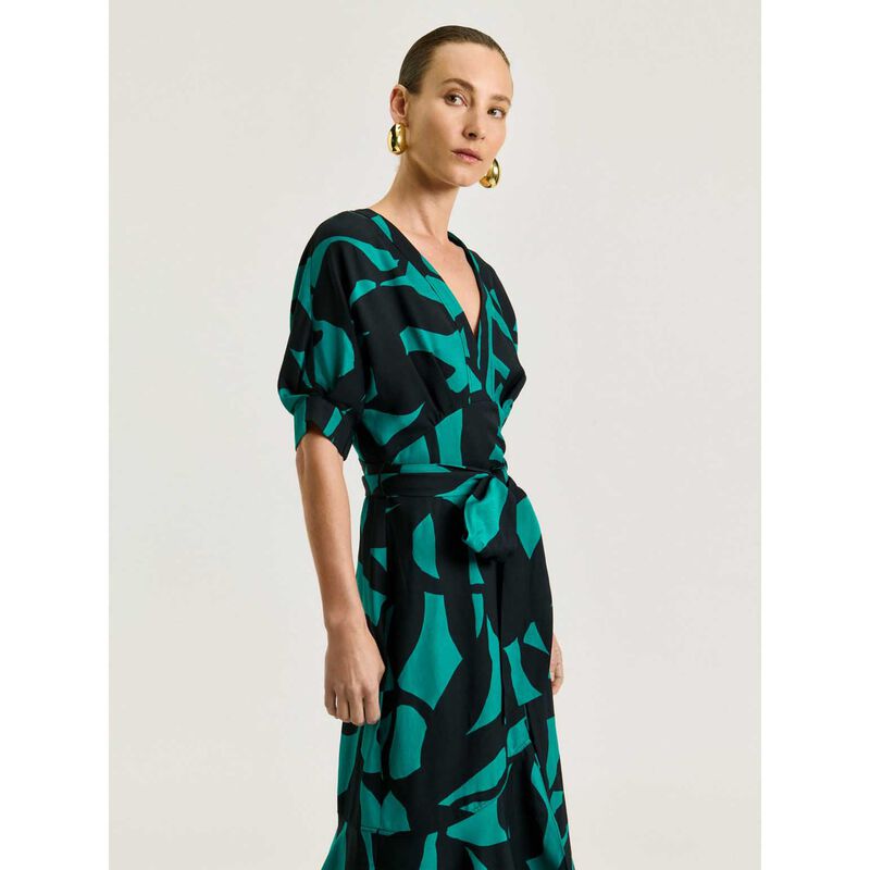 Veronika Maine Jade Show Leaf Viscose Linen Midi Dress image number 2